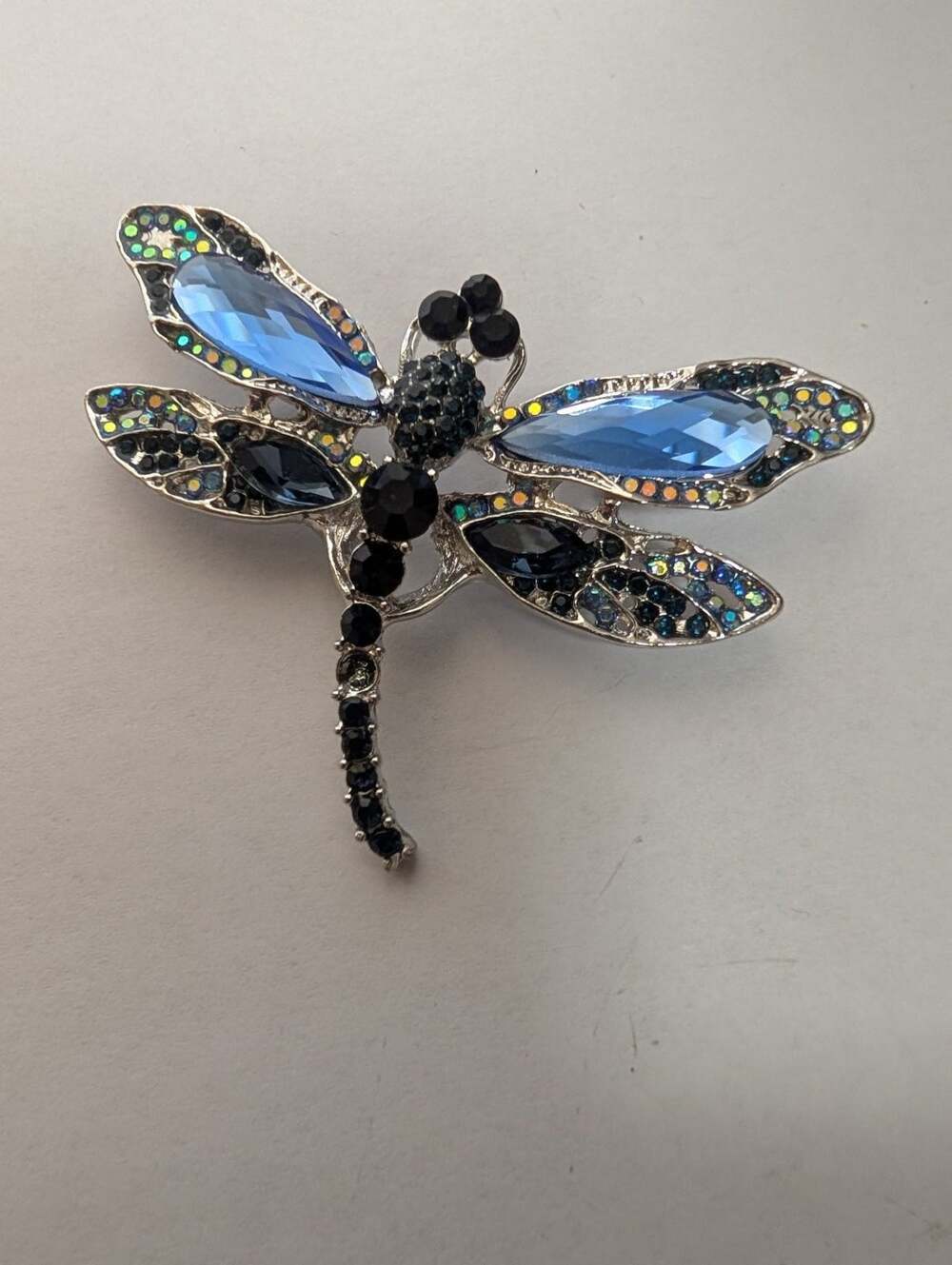 Elegant Blue & Black Rhinestone Dragonfly Brooch Pin Silver Tone READ